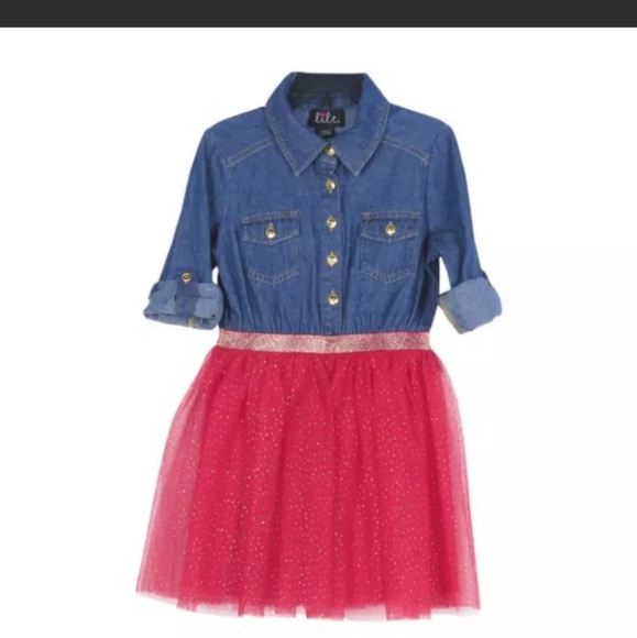lilt dresses Other - Lilt Girls Plus 3/4 Roll Sleeve Denim Red Gold Glitter Mesh Dress Size XXL(20.5)